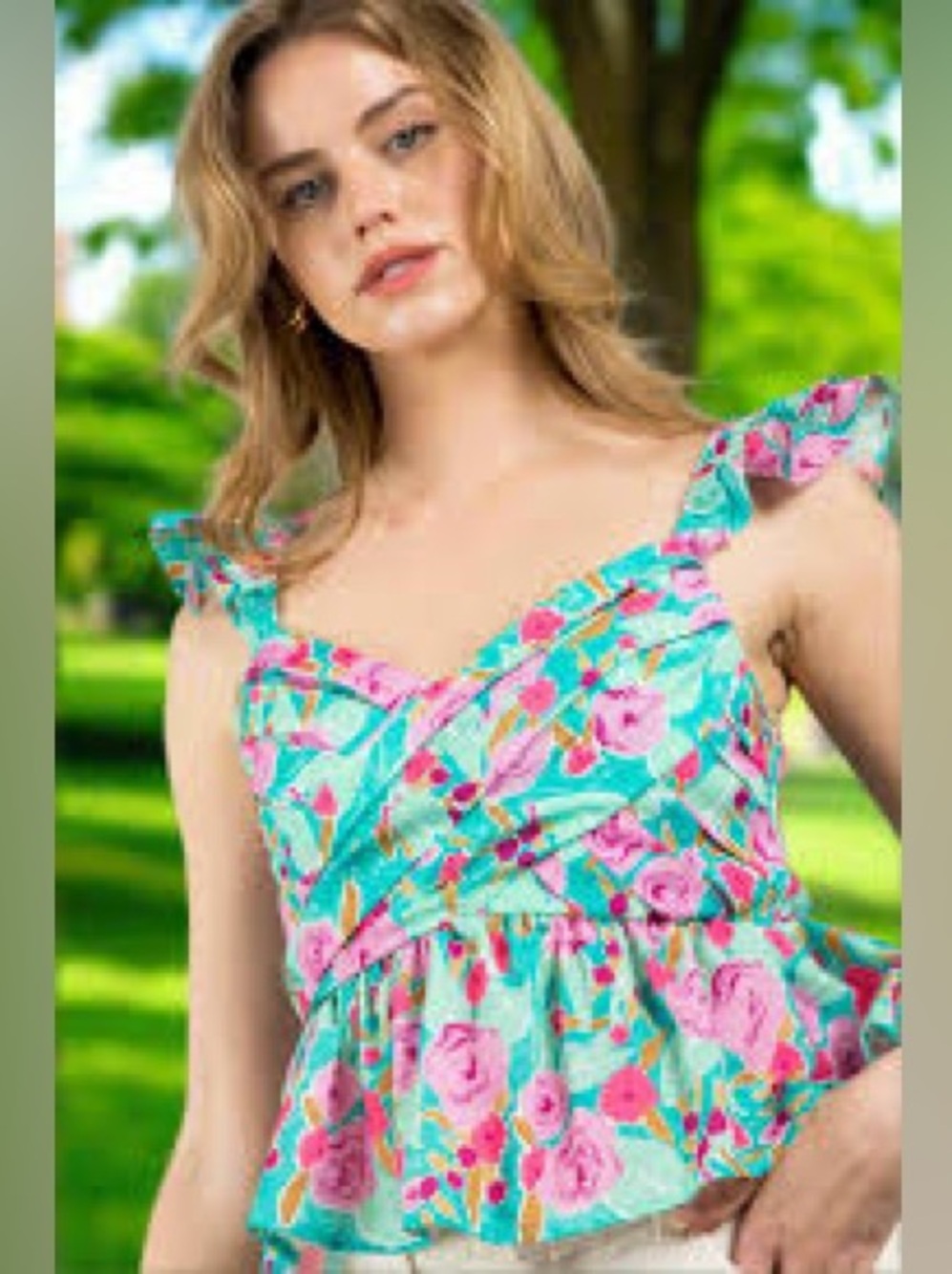 THML Smocked Ruffle Sleeve Top with Ruffled Peplum and Vibrant Colors! size M